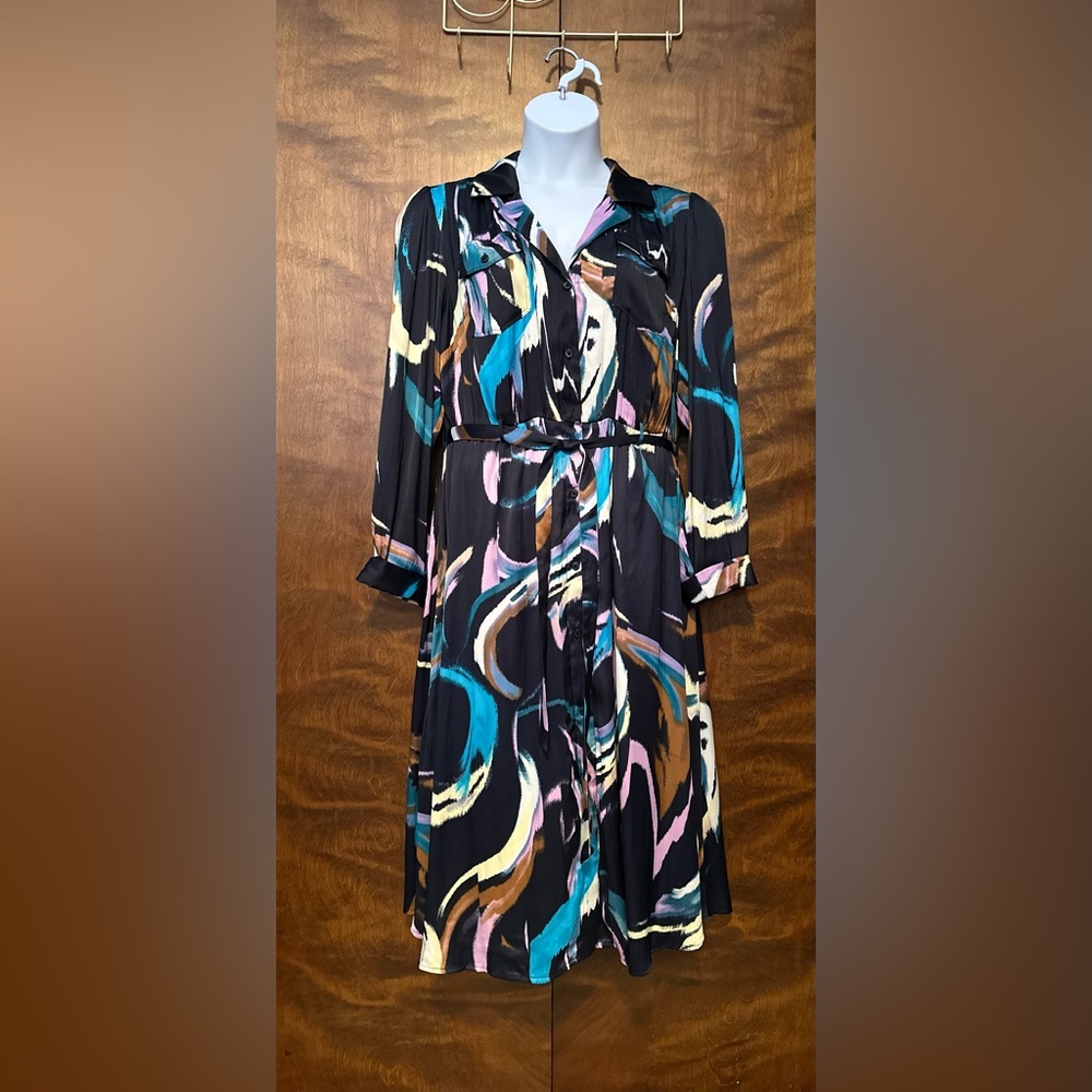 Nine West Long Sleeve Fall Shirt Dress Womens XL Blue Abstract Belted Satin Midi